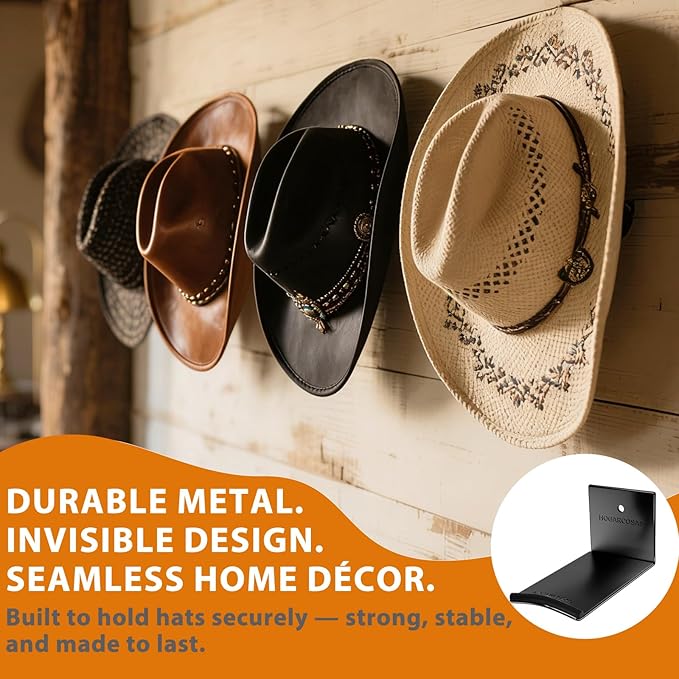 4 Inch Metal Cowboy Hat Rack for Wall – Extended Curved Silicone Grip Holder, Fits All Hat Sizes, Protects Large Brim Hats, Universal Hat Holder, Western Decor, Adhesive or Screw Mount, 4-Pack, Black
