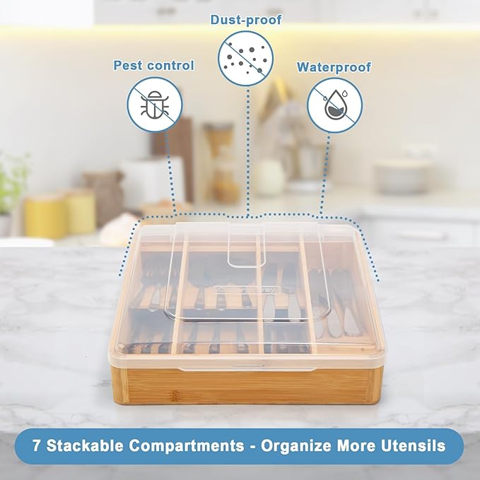Bamboo Kitchen Drawer Organizer, Silverware Utensil Tray Holder, Extra Deep Grooved Drawer Divider, 7 Slots Total Bamboo Wood Caddy for Flatware Cutlery Knives, Forks, Spoons Eco-Friendly
