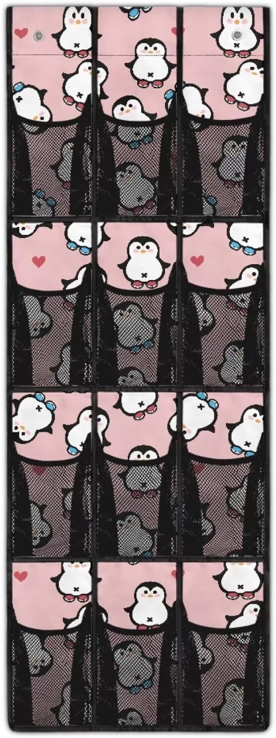Cute Door Hanger Organizer Pink Wall Hanging Storage for BedRoom 12 Pockets Over The Door Shoe Organizer Penguin Shoe Holder Hanger for Kindergarten