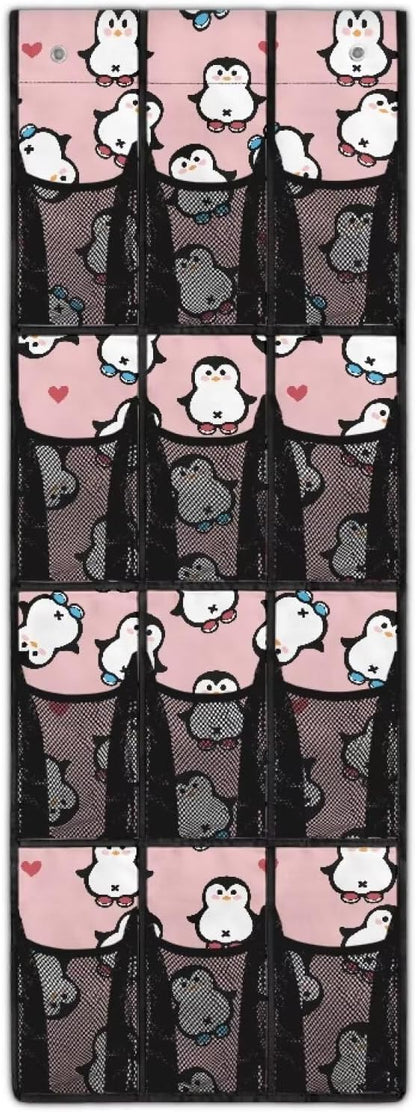 Cute Door Hanger Organizer Pink Wall Hanging Storage for BedRoom 12 Pockets Over The Door Shoe Organizer Penguin Shoe Holder Hanger for Kindergarten