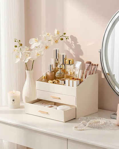 Lolalet Makeup Organizer for Vanity Desk, 3-Layer PU Leather Luxury Make Up Storage Cosmetics Holder Box with Drawers -Cream