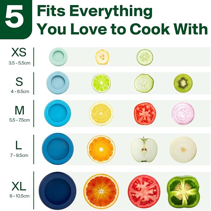 Food Huggers 5pc Reusable Silicone Food Savers | BPA Free | Plastic Free Food Storage | Dishwasher Safe | Fruit & Vegetable Produce Storage for Onion, Tomato, Lemon, Banana & Cans | Round, Ice Blue