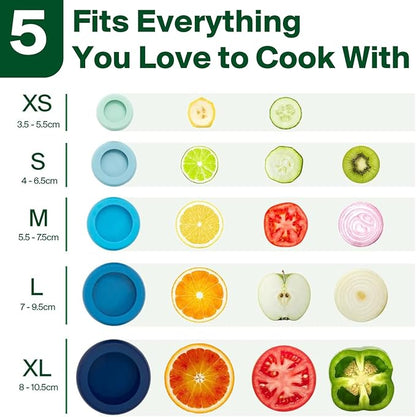 Food Huggers 5pc Reusable Silicone Food Savers | BPA Free | Plastic Free Food Storage | Dishwasher Safe | Fruit & Vegetable Produce Storage for Onion, Tomato, Lemon, Banana & Cans | Round, Ice Blue