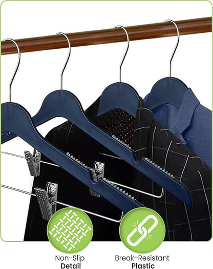 All Hung Up Hangers Slim Plastic Clothes Hangers with Clips, Space-Saving Design with Non-Slip Grip, Durable for Everyday Use, Navy, 100pcs
