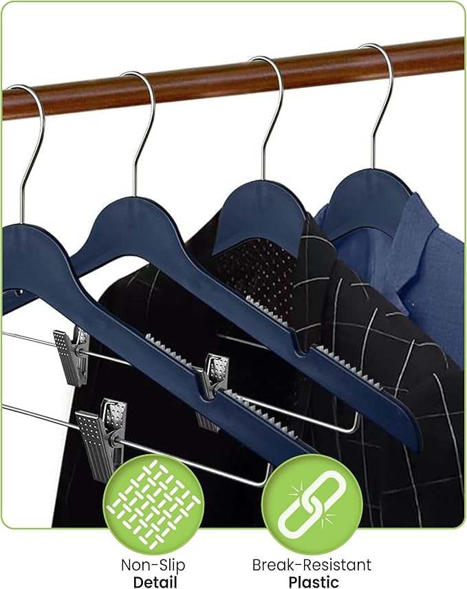 All Hung Up Hangers Slim Plastic Clothes Hangers with Clips, Space-Saving Design with Non-Slip Grip, Durable for Everyday Use, Navy, 24pcs