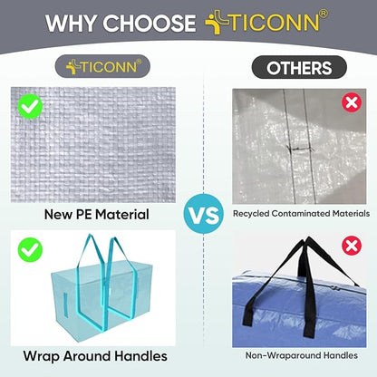 TICONN 4 Pack Extra Large Moving Bags Heavy Duty with Zippers & Carrying Handles, Durable Storage Bags Moving Boxes for Closet Organizers and Storage (4 Pack, Aqua)