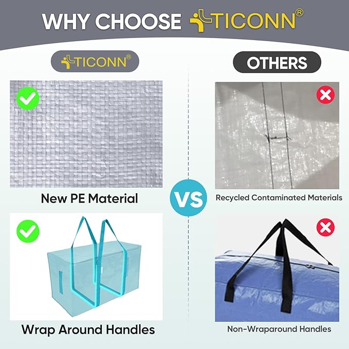 TICONN 8 Pack Extra Large Moving Bags Heavy Duty with Zippers & Carrying Handles, Durable Storage Bags Moving Boxes for Closet Organizers and Storage (8 Pack, Aqua)
