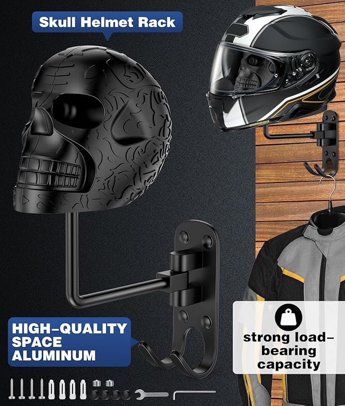 Motorcycle Helmet Holder (2 Pack) Wall Mount, Helmet Hanger 180° Rotation Helmet Rack with Double Hook for Football Helmet, Bicycle Helmet, Hat, Cap, Sportswear, Motorcycle Accessories