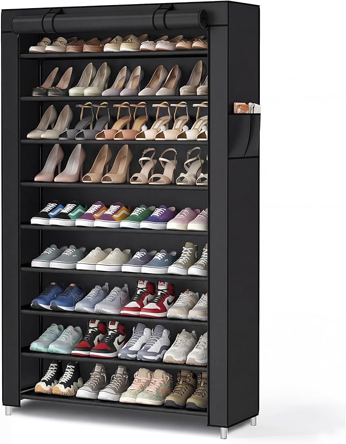 SONGMICS Home Shoe Rack 10-Tier, Tall Narrow Metal Shoe Organizer with Dust Cover, 11.2 x 33.3 x 63.2 Inches, Vertical Storage Cabinet for Closet Entryway, Black