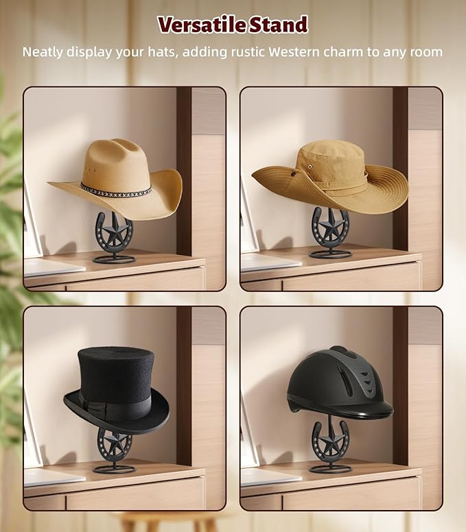 Cowboy Hat Stand, Hat Display Stand Tabletop, Western Horseshoe Decor, Cowboy Hat Rack, Cowboys Gifts for Men, Western Stuff, Desk Hat Rack for Fedora, Sun Hats, Straw Hats, Iron, Black, 2 Packs