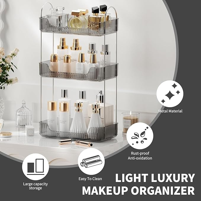 Bathroom Organizer Countertop, Vanity Trays for Skincare Makeup, Counter Organizer for Cosmetics, Toiletries, Lotions, Perfumes (3 Tiers, Grey)