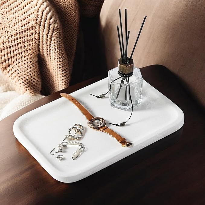 Koville Marble Vanity Tray, 12"x8" Marble Catchall Tray for Countertop Bathroom Kitchen Dresser, Rectangular Decorative Stone Tray for Jewelry Cosmetics Perfume Trinket(White)