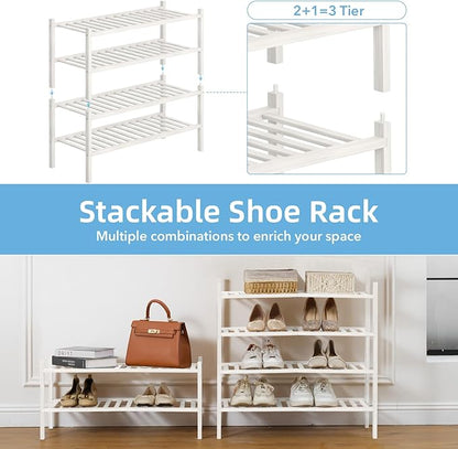 4 Tier Bamboo Shoe Rack Storage Organizer for Closet, Multifunctional Stackable Free Standing Shoe Shelf Organizer for Small Space,Entryway, Hallway, Bathroom27 x11 x26(White, 4 Tier)
