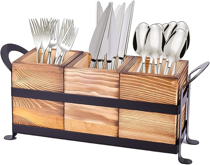 Wood Utensil Holder Silverware Caddy with Metal Rack Detachable Utensil Caddy for Party Flatware Organizer for Kitchen Forks Spoons Knives Storage