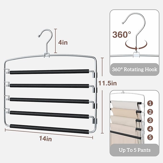 SINDAX Pants Hangers Space Saving - 6Pack, 5 Layers Space Saving Hangers, Sturdy Stainless Steel Pant Rack with Anti-Slip Swing Arm, Closet Organizers and Storage for Trousers Jeans