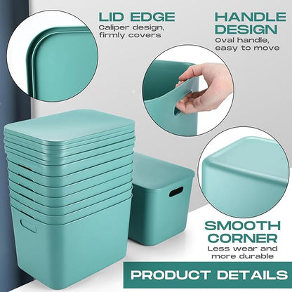 Hoolerry 8 Pieces Colorful Storage Bins with Lid, Plastic Storage Basket Organizing Container Stackable Box with Handle for Shelves Desktop Playroom Office(14.2 x 10.2 x 9.5 Inch,Green)