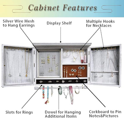 GLANT Rustic Wall Mounted Jewelry Organizer with Wooden Barndoor Decor,Wooden Wall Mount Holder,Jewelry holder for Necklaces, Earings, Bracelets, Ring Holder. (White)