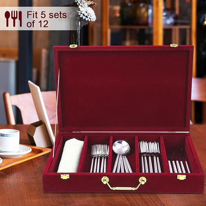 Pickmesh Silverware Case with Lid and Handle, Silverware Storage Box Sterling Silver Flatware Chest Without Silver Tarnish Proof Utensils Organizer for Kitchen Decor Wedding Gifts(Burgundy,1 Layer)