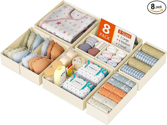DIMJ Drawer Organizer Clothes, 8 Pack Dresser Organizer, Foldable Closet Organizers and Storage, Fabric Dresser Bins, Drawer Dividers for Nursery, Baby Clothes, Underwears, Sock (Beige)