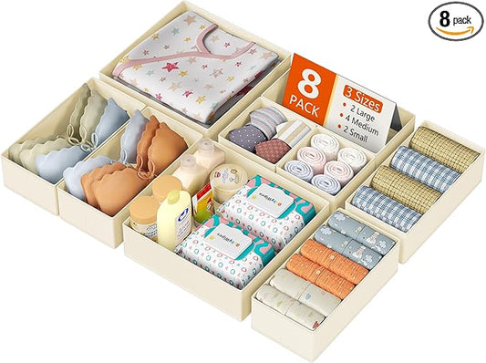 DIMJ Drawer Organizer Clothes, 8 Pack Dresser Organizer, Foldable Closet Organizers and Storage, Fabric Dresser Bins, Drawer Dividers for Nursery, Baby Clothes, Underwears, Sock (Beige)