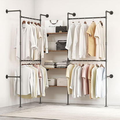 Industrial Pipe Clothing Rack, Heavy Duty Adjustable Garment Hanger with Shelves, 2 Installation Methods Closet Storage System for Wardrobe Organization (Black, 80" H x 86" W)