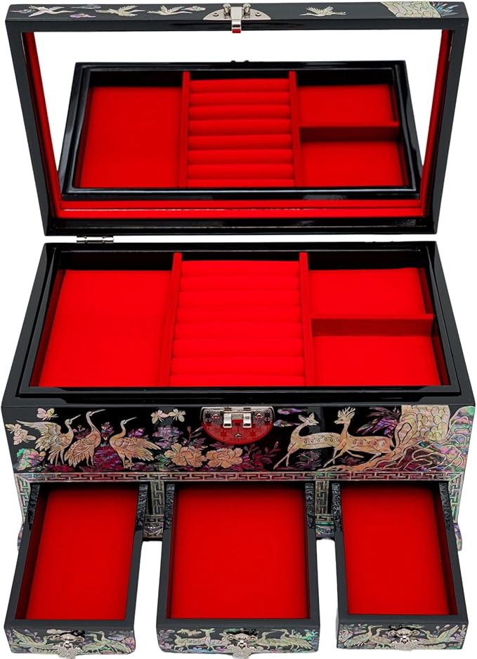 February Mountain Lockable Korean Mother-of-Pearl Jewelry Box - Najeon Chilgi Lacquerware with Crane and Floral Design, Vibrant Black Finish, Handmade (Black)