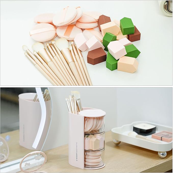 FABROK 3-Layer Hair Accessories Organizer with Brushes Holder, Rotating Small Jewelry Box for Hair Ties Clip Earring Necklaces, Bathroom Vanity Desktop Organizer Case for Cotton Swab(Pink)