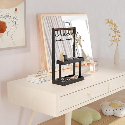 Lolalet 4-Tier Jewelry Organizer Stand with 12 Hooks, Necklace Bracelet Ring & Sunglasses Holder, Cute Metal Jewelry Storage Rack for Vanity, Dresser or Entryway, No Assembly -Black