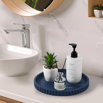Round Bathroom Tray Silicone Kitchen Counter Decor Vanity Organizer Decorative Coffee Table Tray for Perfume, Candle, Soap Dish, 10 Inch, Dark Blue