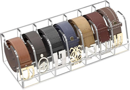FEMELI Belt Organizer Acrylic Clear Case Storage Holder for Closet and Drawer, 7 Compartments Tie Box Container with Display Stand