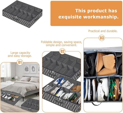 NUOBESTY Foldable Shoes Storage Box with Zipper and Window Large Capacity Non-woven Underbed Shoe Organizer Black Cross Pattern Reusable for Home Closet Storage