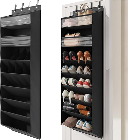 Mefirt 16-20 Pairs Over the Door Shoe Organizer, Clear Pockets Shoe Rack for Closet Door, Hanging Shoe Rack for Boots, Behind the Door Shoe Holder Fit All the Family's Sneakers, Boots, Heels, Black