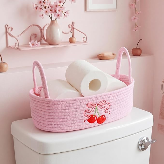Vesici Cherries Toilet Paper Basket Boho Woven Cotton Rope Bathroom Countertop Organizer with Handle Pink Bow Cherry Bathroom Storage Decor for Toilet Closet Bedroom Nursery, 13 x 6 x 4 Inch
