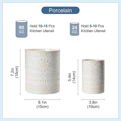 LOVECASA Utensil Holder, 7.2"+5.4" Ceramic Utensil Holder for Countertop, Large Cooking Utensil Crocks for Kitchen Counter, Farmhouse Utensil Vase for Housewarming, Kitchen Decor, Set of 2, Oasis