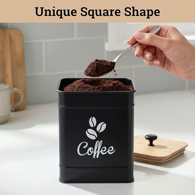 Airtight Coffee Canister - 40 oz Large Iron Black Coffee Container Airtight - 6 x 8 inch Metal Jar - Stylish Countertop Container for Coffee Grounds, Beans, Pods & More with Rubber-Lined Bamboo Lid