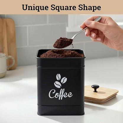 Airtight Coffee Canister - 40 oz Large Iron Black Coffee Container Airtight - 6 x 8 inch Metal Jar - Stylish Countertop Container for Coffee Grounds, Beans, Pods & More with Rubber-Lined Bamboo Lid