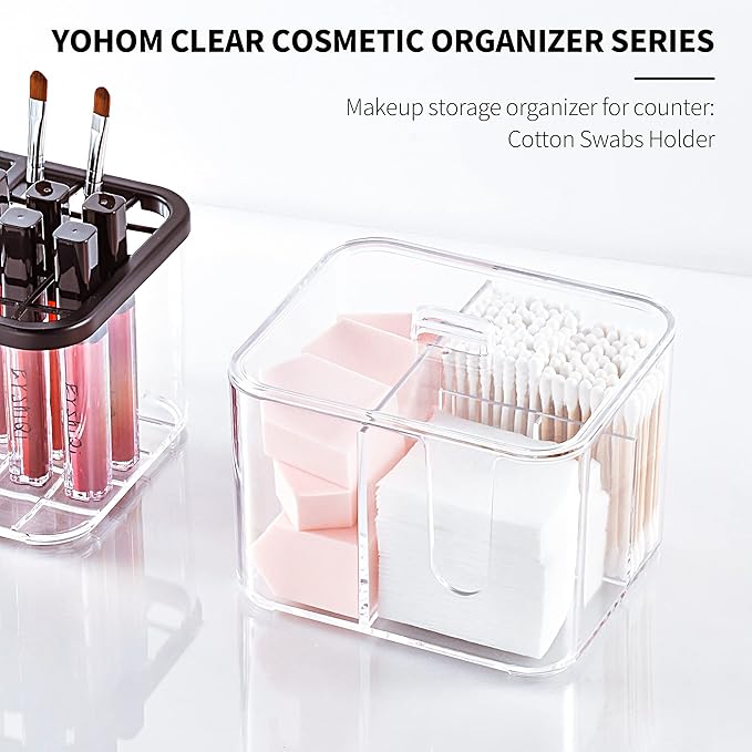 YOHOM Clear cotton ball and swab holder organizer with lid Bathroom Qtips Storage Container Box Plastic Cotton Round Pads Dispenser