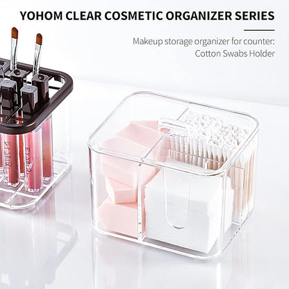 YOHOM Clear cotton ball and swab holder organizer with lid Bathroom Qtips Storage Container Box Plastic Cotton Round Pads Dispenser