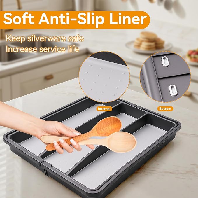 Silverware Drawer Organizer, Expandable Large Drawer Organizer, BPA Free Flatware and Cutlery Tray, Adjustable Storage with Anti-Slip Linner inside for Spoons Forks Knives with 2 Knife Guards, Grey