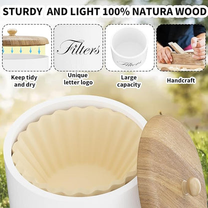 Wooden Coffee Filter Holder with Lid, Basket Storage Container for Counter, Black Small Bar Accessories for Coffee Bar Station(White Wooden)