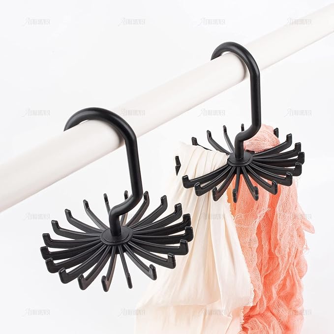 AUEAR, 8 Pack 360 Degree Rotating Scarf Hanger 20 Hooks Twirl Plastic Ties for Women Men Home Bedroom Supplies (Black)