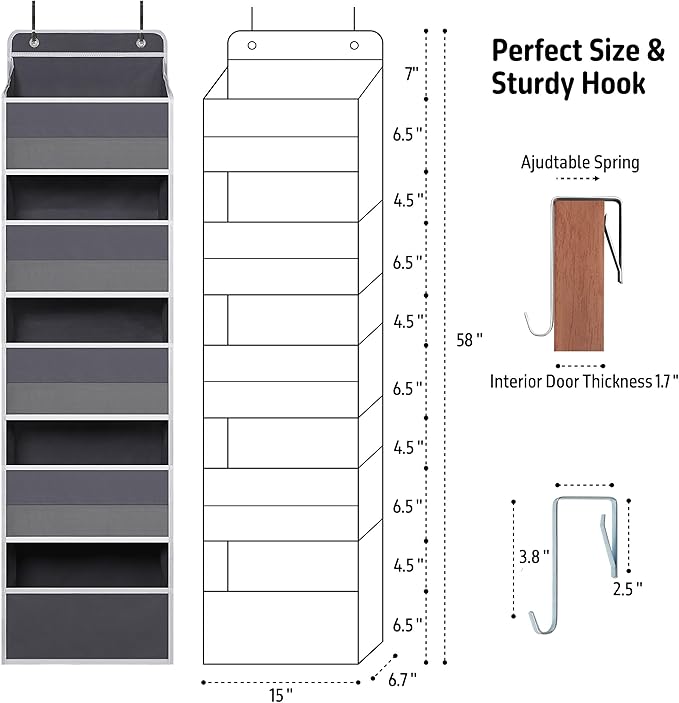 TYMENSH Gray Over Door Organizer with 5 Large Clear Pockets and 6 Side Mesh Pockets, Anti-Tilt Hanging Door Storage for Closet, Bathroom, Bedroom, Dorm, Nursery, Toys