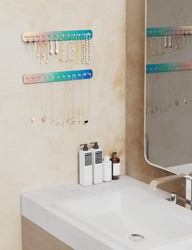 NiHome Wall Mount Acrylic Jewelry Organizer 2-Pack, Durable Sleek Rack Strong Carbon Steel Hooks for Dressing Table, Bathroom, Kitchen, Hassle-Free Installation Multiple Mounting Options (Iridescent)