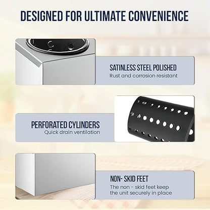 OCS Parts 3-Compartment Silverware Display Holder | Black Cylinders | Stainless Steel Kitchen Caddy Utensil Holder with Perforated Cylinders for Home Kitchens, Restaurants and Buffets