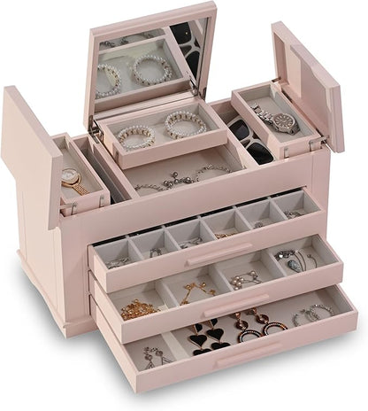 Hanway 4 Layers Wooden Jewelry Box Organizer for Women, with multiple compartments, featuring interior mirror & tray for necklaces, earrings, bracelets, glasses, and rings (Pink)