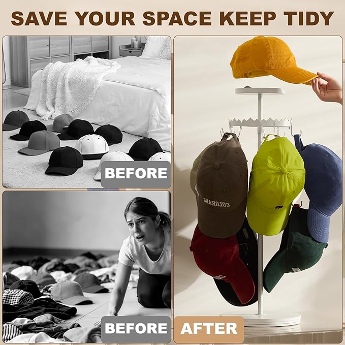 Rotating Hat Organizer for Baseball Caps, 3-Tier Merchandise Display & Tabletop Hat Organizer with Tray Holds 40+ Caps,Hat Stand for Vendor & Home Use in Bedroom, Closet, Dresser, Office