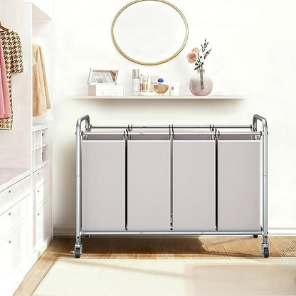 STORAGE MANIAC Laundry Sorter 4 Section, 47.5 Gal (180 L) Laundry Hamper with Wheels, Clothes Divider Basket Sorter, Clothes Separator Hamper Cart with Wheels and Removable Bags, Gray