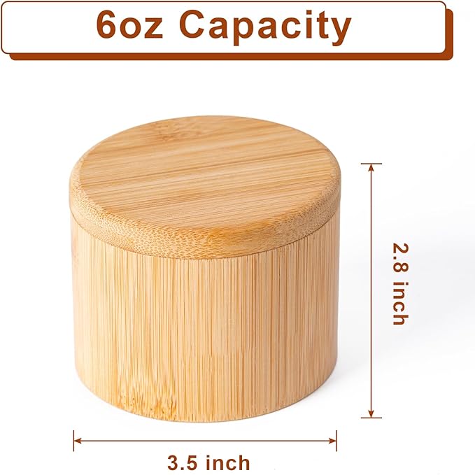 Husfunov Bamboo Salt Cellar, Magnetic Swivel Lid Salt Box, Round Container for Storing Pepper Sugar Herbs, 6 Ounce Capacity