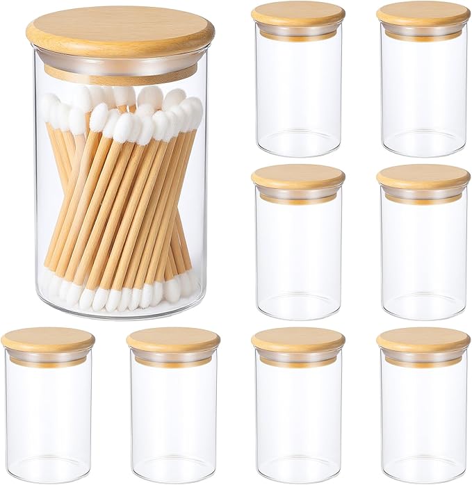 Dimeho 10 Pack Glass Apothecary Jars with Lids Holder Bathroom Canisters Restroom Bedroom Vanity Organizer Small Clear Cotton Balls Dispenser Vanity Makeup Storage Accessories