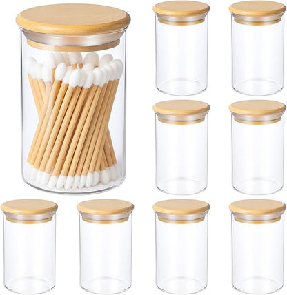 Dimeho 10 Pack Glass Apothecary Jars with Lids Holder Bathroom Canisters Restroom Bedroom Vanity Organizer Small Clear Cotton Balls Dispenser Vanity Makeup Storage Accessories